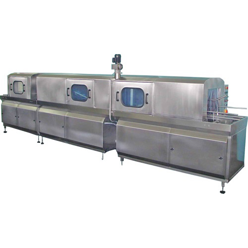 Continuous washing machine for bakery baskets